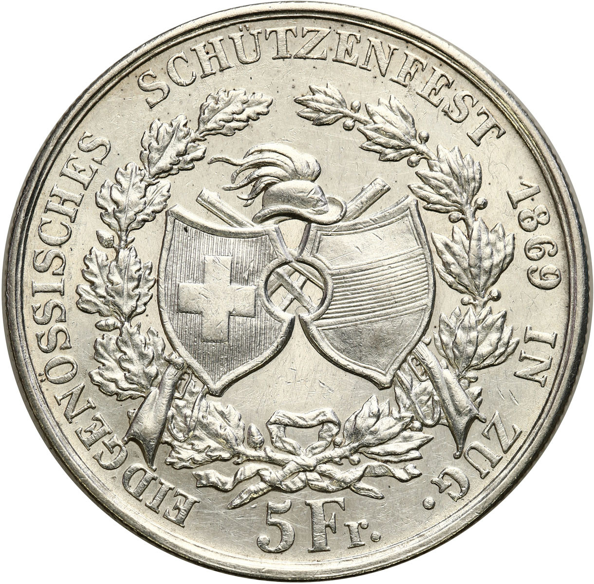 Szwajcaria. 5 franków strzeleckie w Zug 1869, mennica Berno